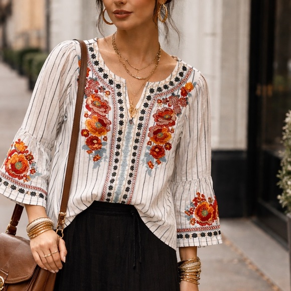 Savanna Jane Tops - Savanna Jane Floral Embroidered Blouse - White and Red